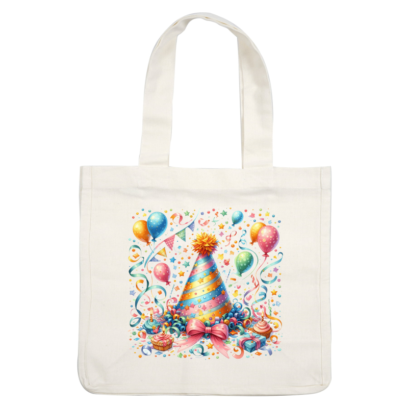 Celebrate in style with this vibrant party scene featuring a colorful party hat, balloons, festive ribbons, and delicious treats!DTF Transfers