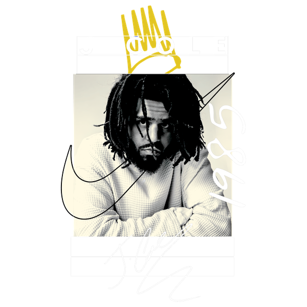 A striking graphic of J. Cole featuring a black and white portrait, vibrant yellow crown, and stylish text elements.DTF Transfers heat press transfers