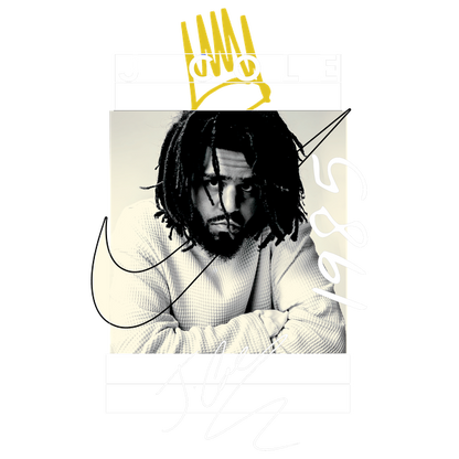 A striking graphic of J. Cole featuring a black and white portrait, vibrant yellow crown, and stylish text elements.DTF Transfers heat press transfers