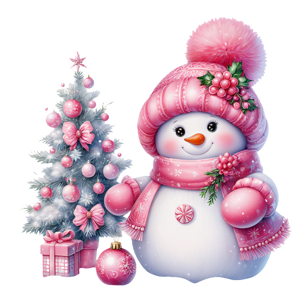 A cheerful snowman in a pink hat and scarf stands next to a decorated Christmas tree, surrounded by gifts and ornaments. heat press transfers