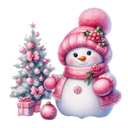 A cheerful snowman in a pink hat and scarf stands next to a decorated Christmas tree, surrounded by gifts and ornaments. heat press transfers