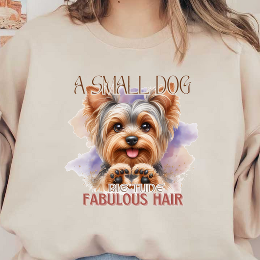 A playful small dog with fabulous hair, joyfully showcasing its charming personality and adorable features. dtf prints