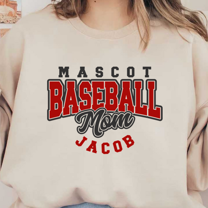 A vibrant and fun design showcasing "Baseball Mom" personalized for Jacob, perfect for showing team spirit!DTF Transfersdtf regular iron