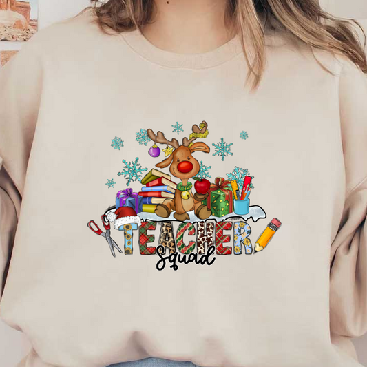 Celebrate the holiday spirit with a cheerful reindeer surrounded by gifts, books, and school supplies, perfect for teachers!DTF Transfers dtf transfers heat press transfers