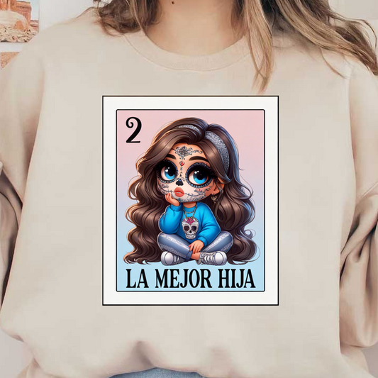 Una ilustración caprichosa de una niña con cara de calavera de azúcar, vistiendo un suéter azul y sentada tiernamente, con la etiqueta "La Mejor Hija".