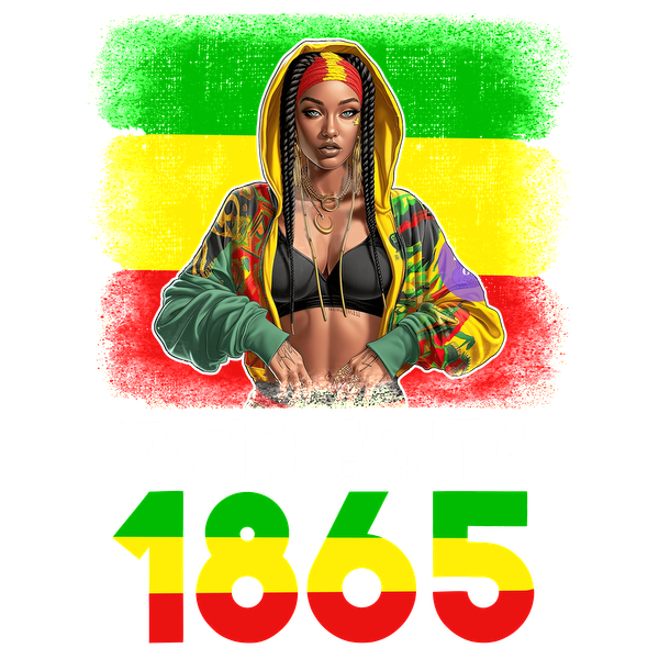 A vibrant illustration celebrating Juneteenth 1865, featuring a stylish woman in a colorful hoodie with a bold background. dtf transfers