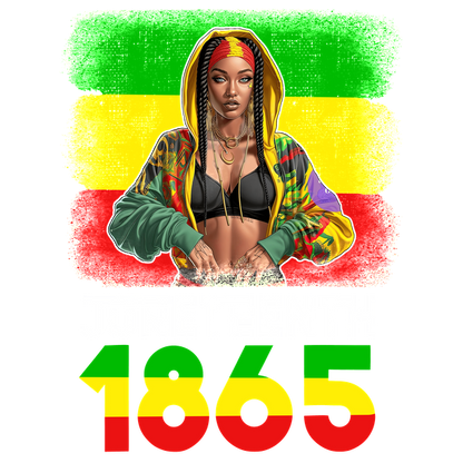 A vibrant illustration celebrating Juneteenth 1865, featuring a stylish woman in a colorful hoodie with a bold background. dtf transfers