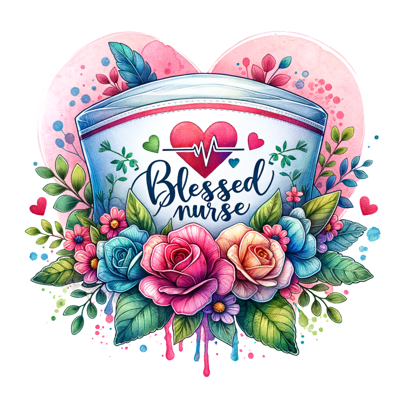 A vibrant illustration featuring a nurse's cap adorned with colorful flowers and the phrase "Blessed Nurse" surrounded by hearts and leaves.DTF Transfers