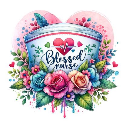 A vibrant illustration featuring a nurse's cap adorned with colorful flowers and the phrase "Blessed Nurse" surrounded by hearts and leaves.DTF Transfers