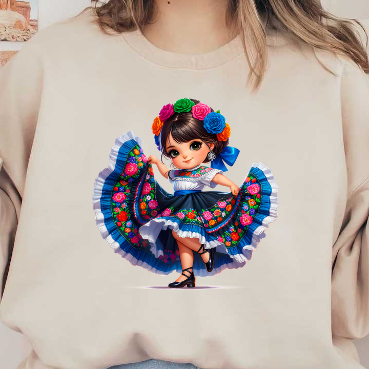 Una niña alegre con un vestido tradicional colorido adornado con motivos florales y una corona de flores vibrantes, bailando alegremente.