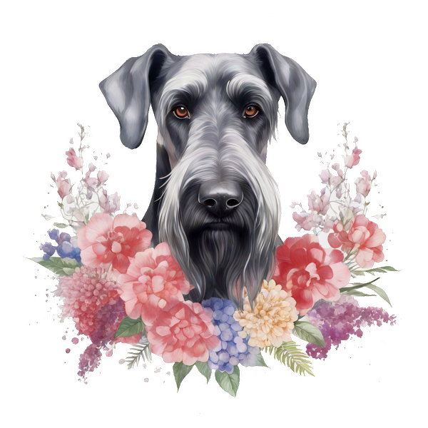 Una ilustración bellamente detallada de un perro rodeado de una vibrante corona floral, que muestra sus características expresivas y su encanto único.