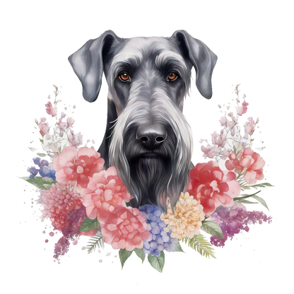 Una ilustración bellamente detallada de un perro rodeado de una vibrante corona floral, que muestra sus características expresivas y su encanto único.