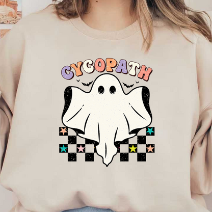 Playful design featuring a cute ghost with the word "Cycopath" above and colorful stars around it, perfect for Halloween! heat press transfers