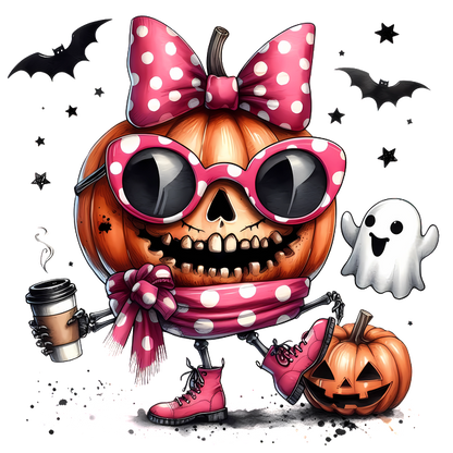 Un caprichoso personaje de calabaza vestido de rosa con gafas de sol y un lazo, sosteniendo un café, rodeado de murciélagos y un fantasma.