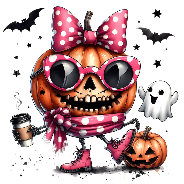 ¡Un caprichoso personaje de calabaza esqueleto con accesorios rosas, sosteniendo café, rodeado de murciélagos y un lindo fantasma, perfecto para Halloween!