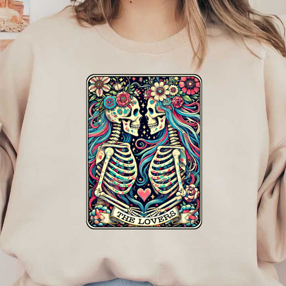 A vibrant illustration of two skeletons, adorned with flowers and colorful hair, symbolizing love with "THE LOVERS" text.dtf regular iron