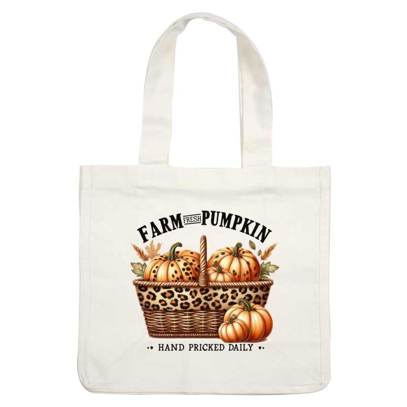 A charming basket featuring hand-picked pumpkins in vibrant orange, accented with a stylish leopard print and autumn leaves. dtf transfers