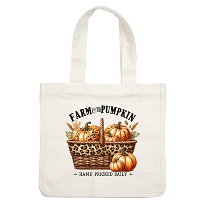 A charming basket featuring hand-picked pumpkins in vibrant orange, accented with a stylish leopard print and autumn leaves. dtf transfers