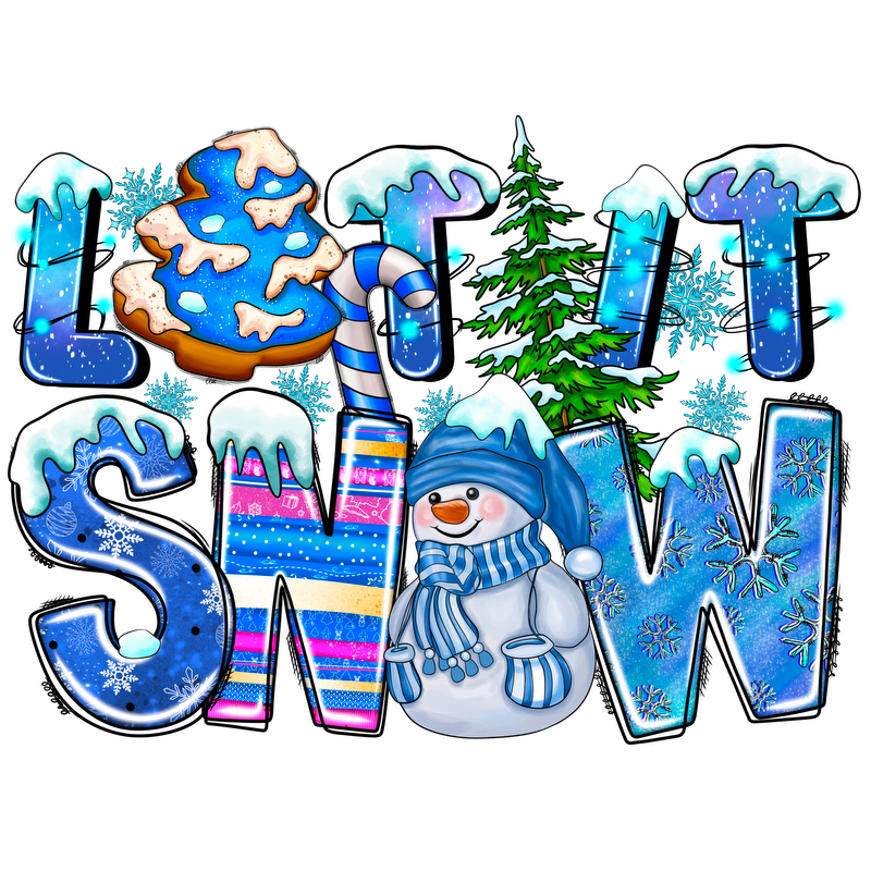 This vibrant winter-themed illustration features playful letters spelling "LET IT SNOW" adorned with snow, a cheerful snowman, and festive trees.DTF Transfersdtf regular iron