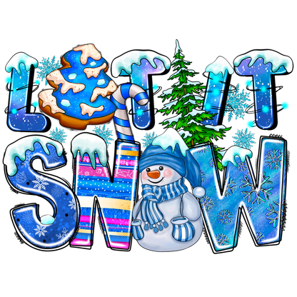 This vibrant winter-themed illustration features playful letters spelling "LET IT SNOW" adorned with snow, a cheerful snowman, and festive trees.DTF Transfersdtf regular iron