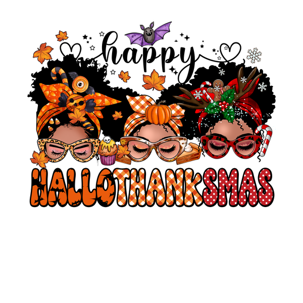 Colorful graphic depicting three women celebrating the combined spirit of Halloween, Thanksgiving, and Christmas with festive accessories. heat press transfers