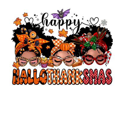 Colorful graphic depicting three women celebrating the combined spirit of Halloween, Thanksgiving, and Christmas with festive accessories. heat press transfers