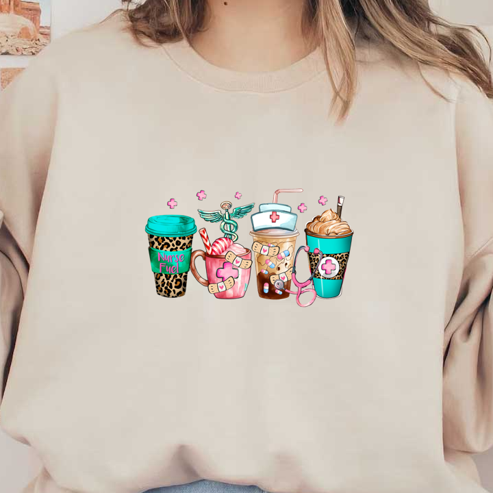 A fun collection of nurse-themed beverage cups, featuring vibrant colors, playful patterns, and medical motifs like band-aids and caduceus.DTF Transfers