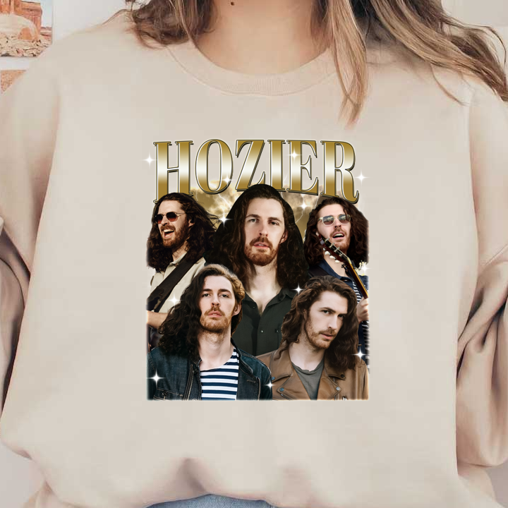 A vibrant collage of Hozier showcasing various looks and styles, highlighting his unique curly hair and musical presence.DTF Transfers dtf transfers