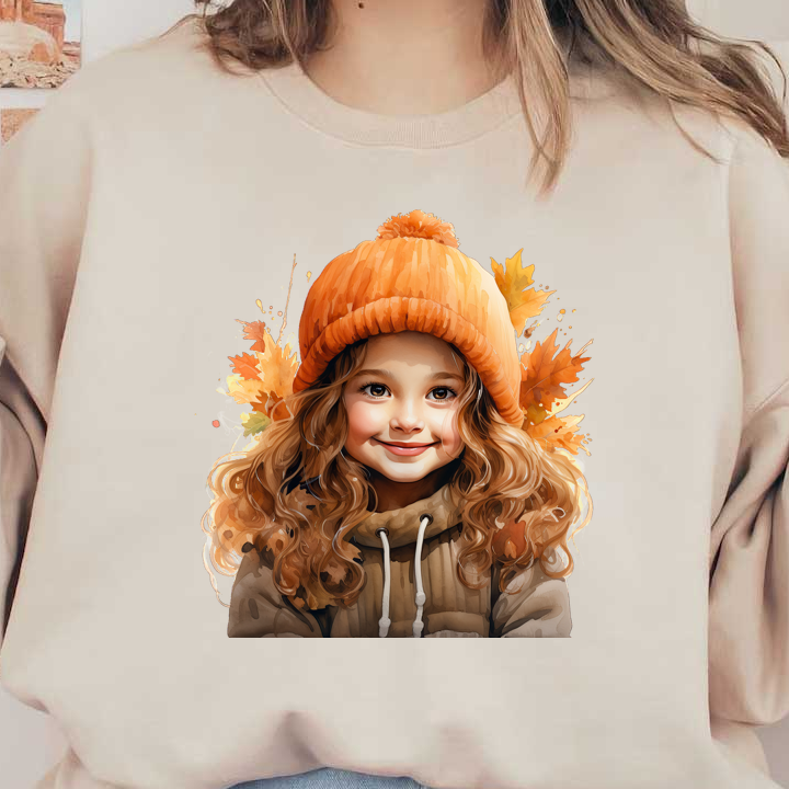 A cheerful girl with curly hair wears an orange knit hat and a cozy jacket, surrounded by colorful autumn leaves.dtf regular iron