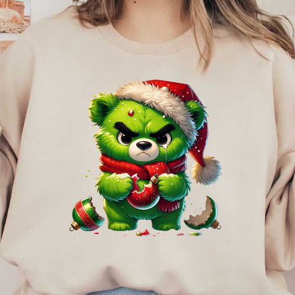 A grumpy green bear in a Santa hat and red scarf clutches a broken ornament, surrounded by fragments of holiday decor.DTF Transfers dtf prints