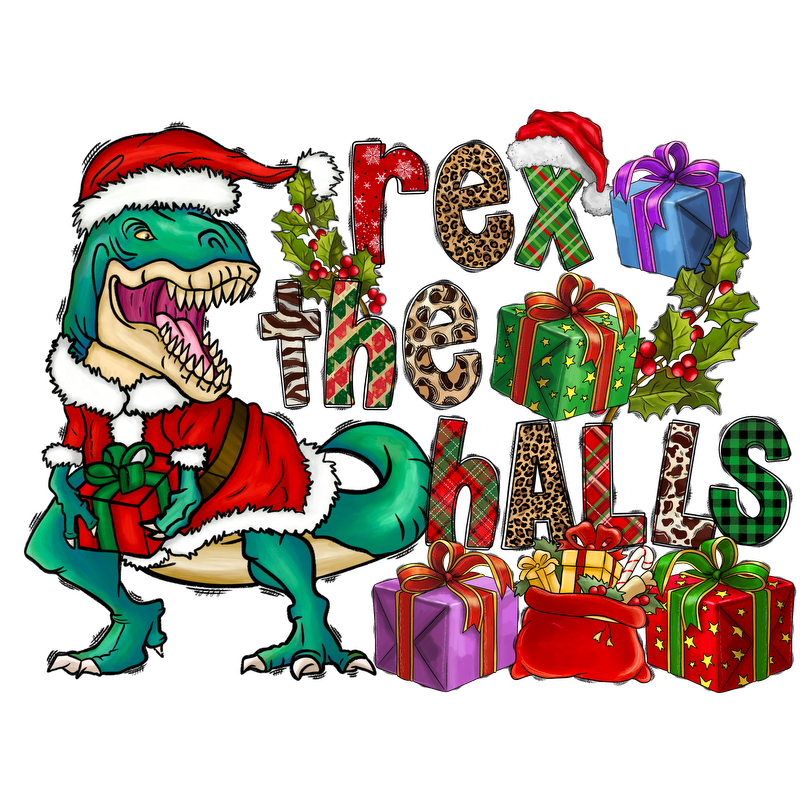 A festive T-rex in a Santa hat, ready to celebrate with presents and holiday cheer!DTF Transfers dtf transfers dtf prints