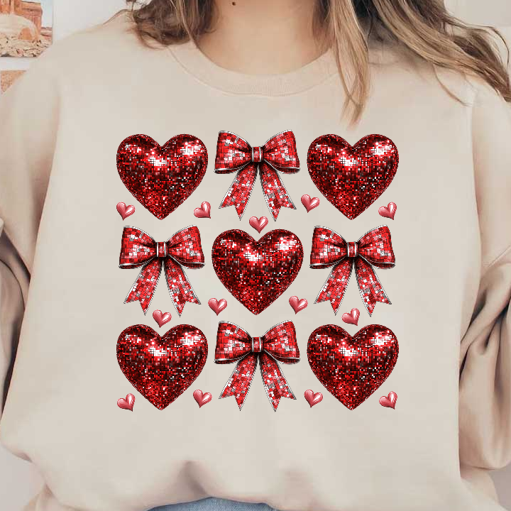 A vibrant collection featuring shiny red hearts and bows, all adorned in a mosaic style, perfect for celebrating love.DTF Transfers