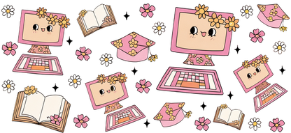 A whimsical pattern featuring cute computer illustrations adorned with flowers, books, and a pink graduation cap, perfect for a fun design!UV Transfers heat press transfers