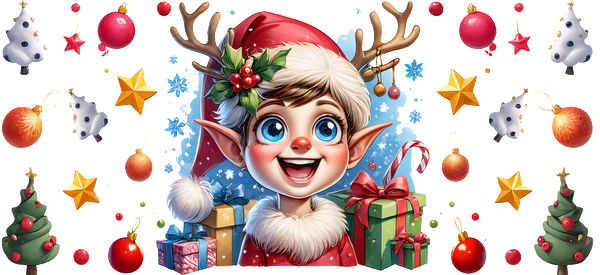 A cheerful, cartoonish young elf with antlers and a festive outfit surrounded by Christmas decorations and gifts.UV Transfers dtf transfers