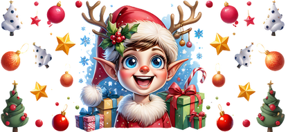 A cheerful, cartoonish young elf with antlers and a festive outfit surrounded by Christmas decorations and gifts.UV Transfers dtf transfers