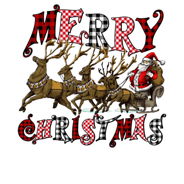 A festive design featuring Santa Claus riding in a sleigh pulled by reindeer, with "Merry Christmas" in playful, colorful text. dtf prints