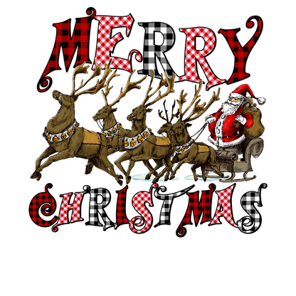 A festive design featuring Santa Claus riding in a sleigh pulled by reindeer, with "Merry Christmas" in playful, colorful text. dtf prints