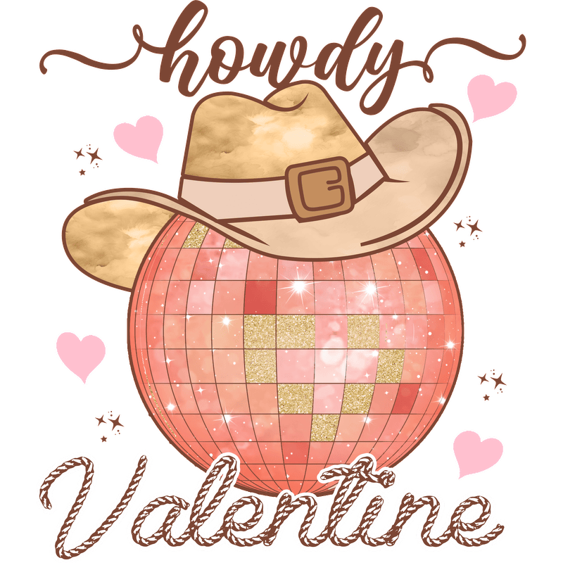 This fun graphic features a sparkling disco ball wearing a cowboy hat, with the playful text “Howdy Valentine” and charming hearts.DTF Transfers