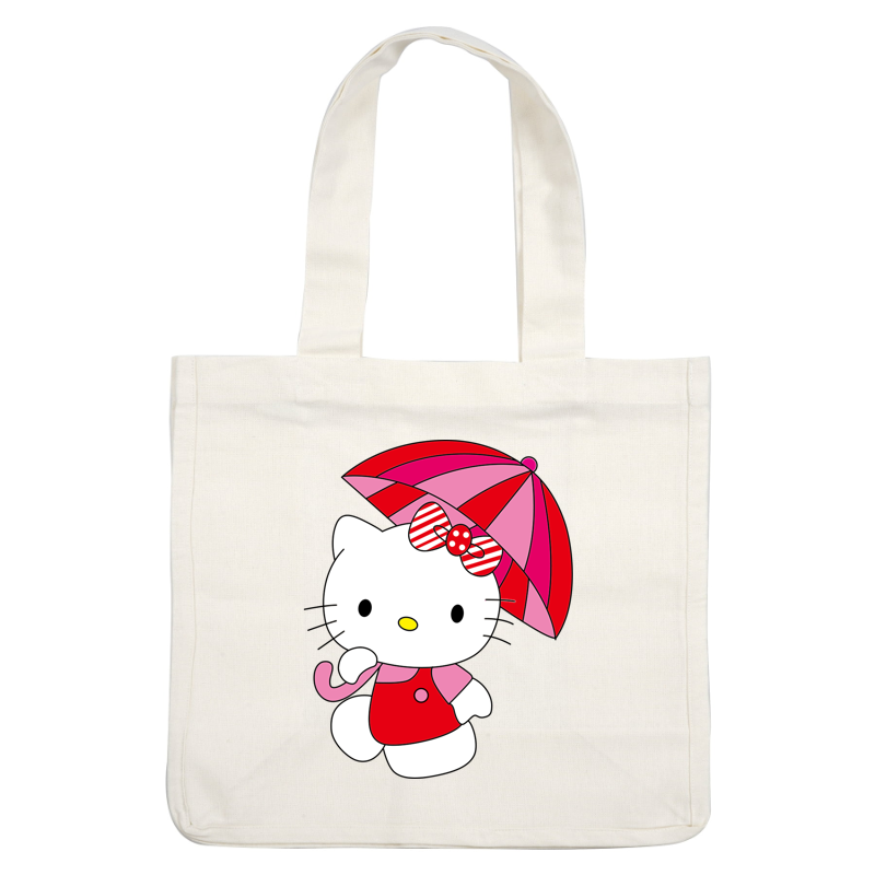 Cute Hello Kitty character holding a colorful striped umbrella, adorned with a red dress and a polka-dot bow.DTF Transfers