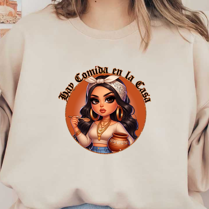 Una mujer elegante, con cabello largo y un pañuelo, sostiene una cuchara, rodeada de un diseño cálido y acogedor que presenta una olla.