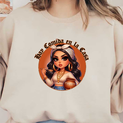 Una mujer elegante, con cabello largo y un pañuelo, sostiene una cuchara, rodeada de un diseño cálido y acogedor que presenta una olla.