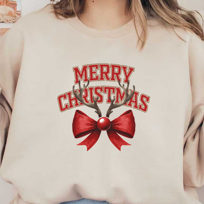 A festive "Merry Christmas" design featuring antlers, a red bow, and a shiny ornament, perfect for holiday celebrations.dtf regular iron