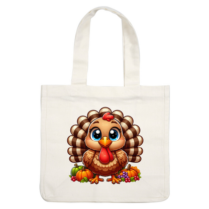 This adorable cartoon turkey, with big blue eyes and a vibrant feathered tail, is surrounded by colorful autumn harvest fruits and vegetables.