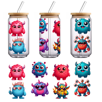 A colorful collection of cute cartoon monsters, each with unique features and vibrant designs, showcasing playful expressions and styles.UV Transfersdtf regular iron