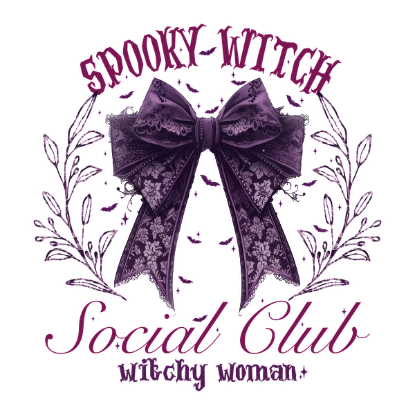 Join the Spooky Witch Social Club with this charming design featuring a purple bow and whimsical floral accents! heat press transfers