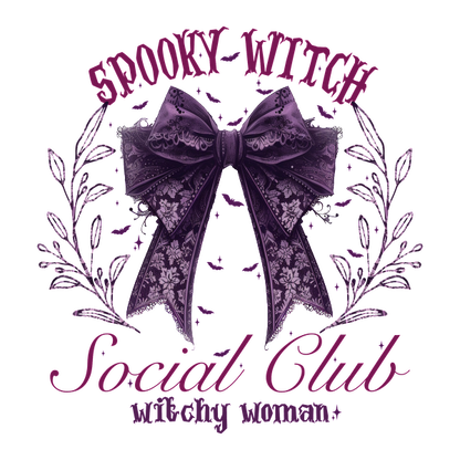 Join the Spooky Witch Social Club with this charming design featuring a purple bow and whimsical floral accents! heat press transfers