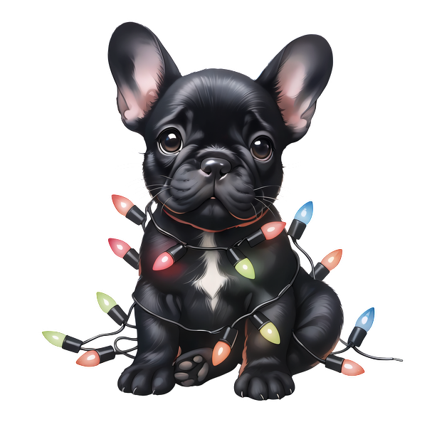 ¡Un lindo bulldog francés negro rodeado de coloridas luces navideñas, listo para alegrar la temporada festiva!
