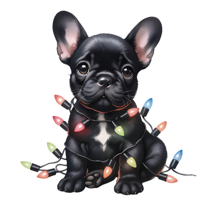 ¡Un lindo bulldog francés negro rodeado de coloridas luces navideñas, listo para alegrar la temporada festiva!