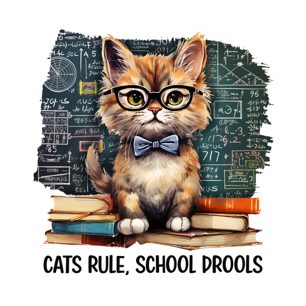 Una ilustración humorística de un gato erudito con gafas y pajarita, rodeado de libros y ecuaciones matemáticas.