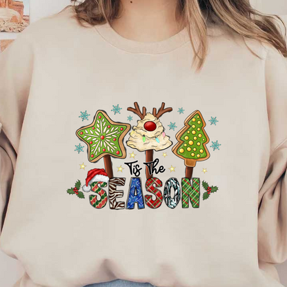 Celebrate the festive spirit with this cheerful illustration featuring whimsical holiday cookies and the phrase "Tis The Season."DTF Transfers dtf transfers